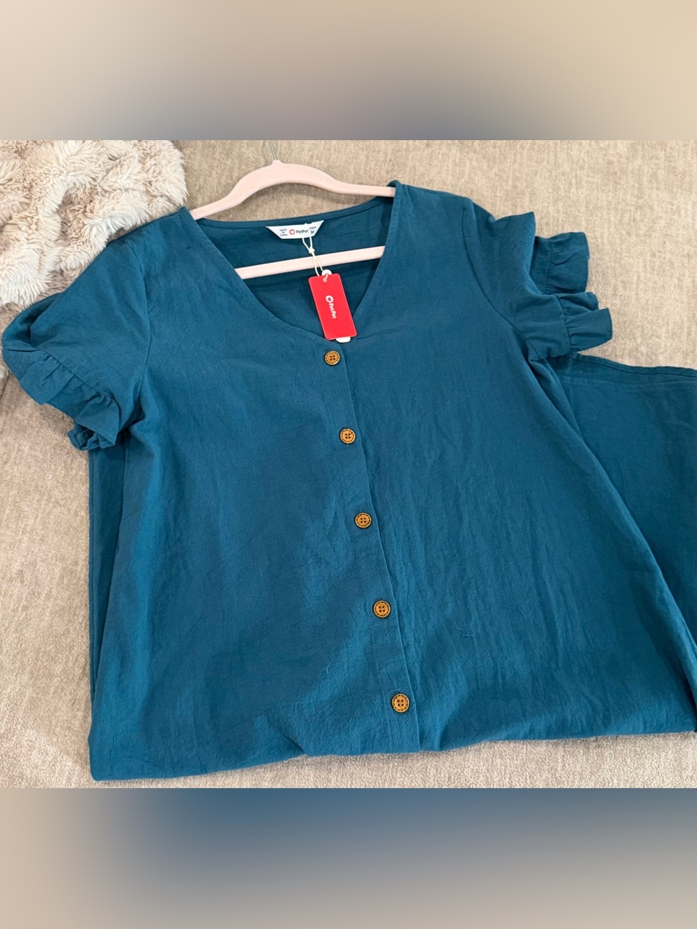 PatPat Teal Button-Front Ruffle Sleeve Dress